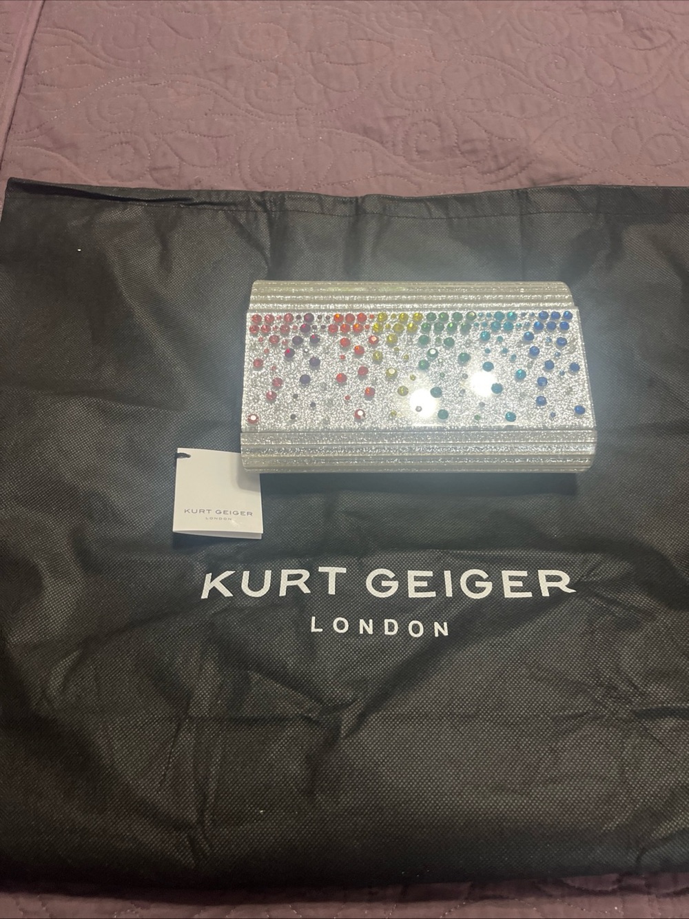Kurt Geiger Silver Glitter Clutch with Rainbow Rhinestones
